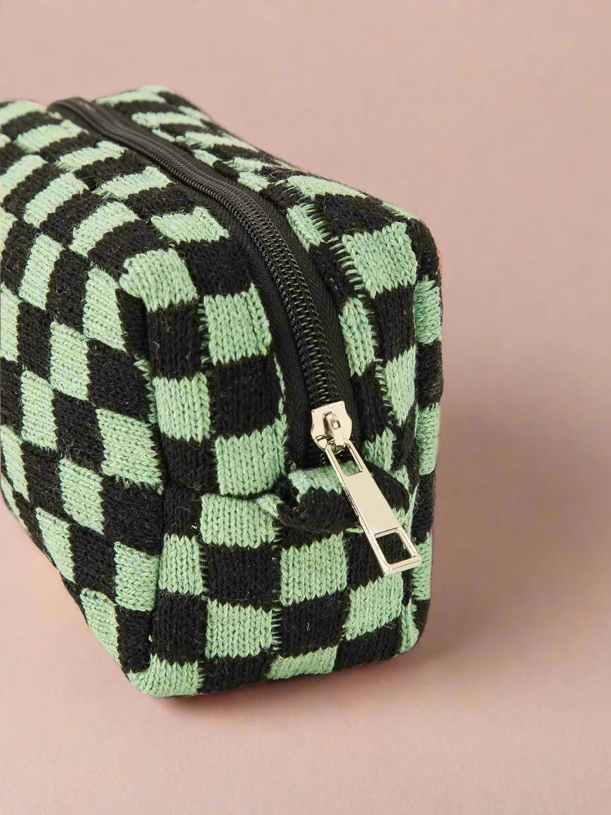 Knit Checkerboard Zipper Pouch