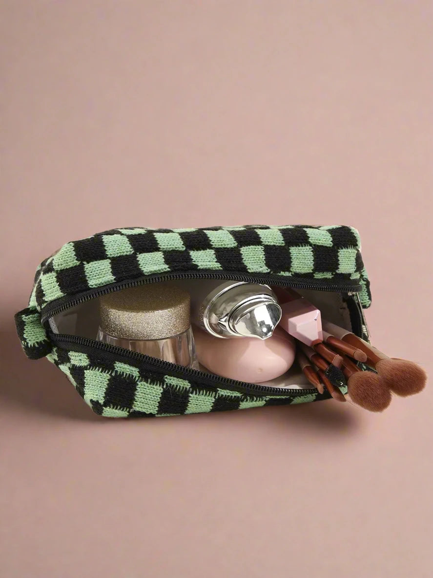 Knit Checkerboard Zipper Pouch